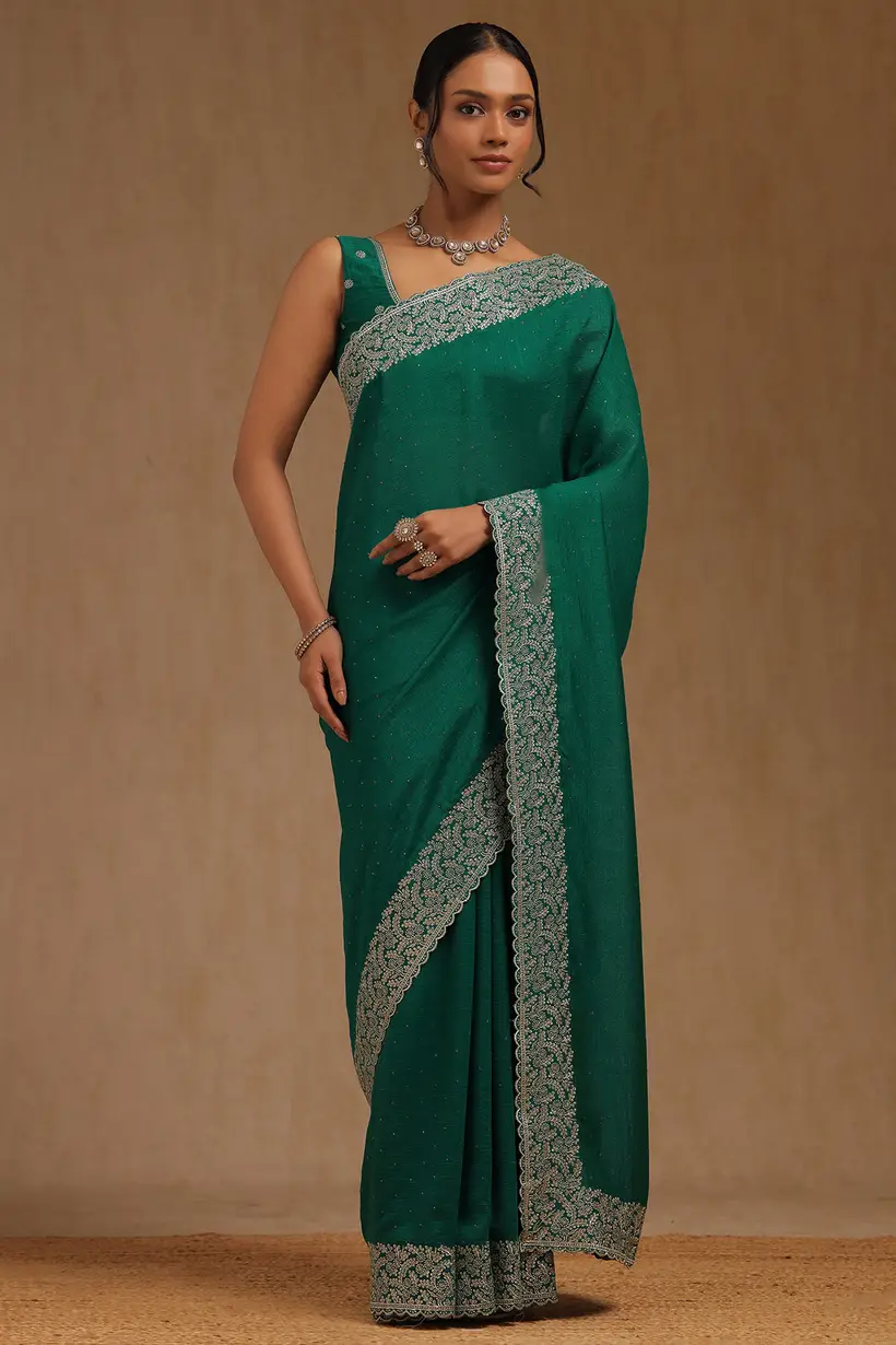 Teal Green Tussar Embellished Saree With Stone Work